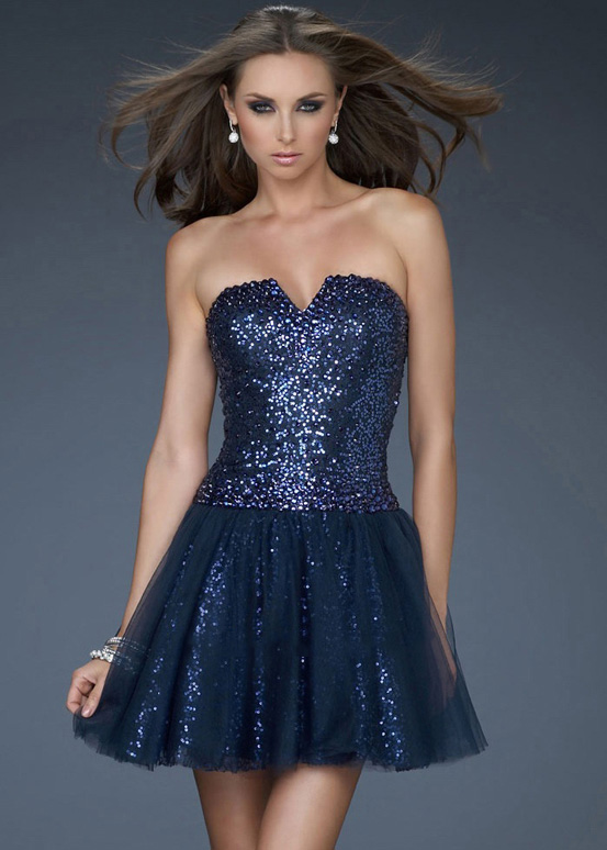 Navy Strapless V Shape Sequined Top Tulle Short Prom Dress – sell best ...